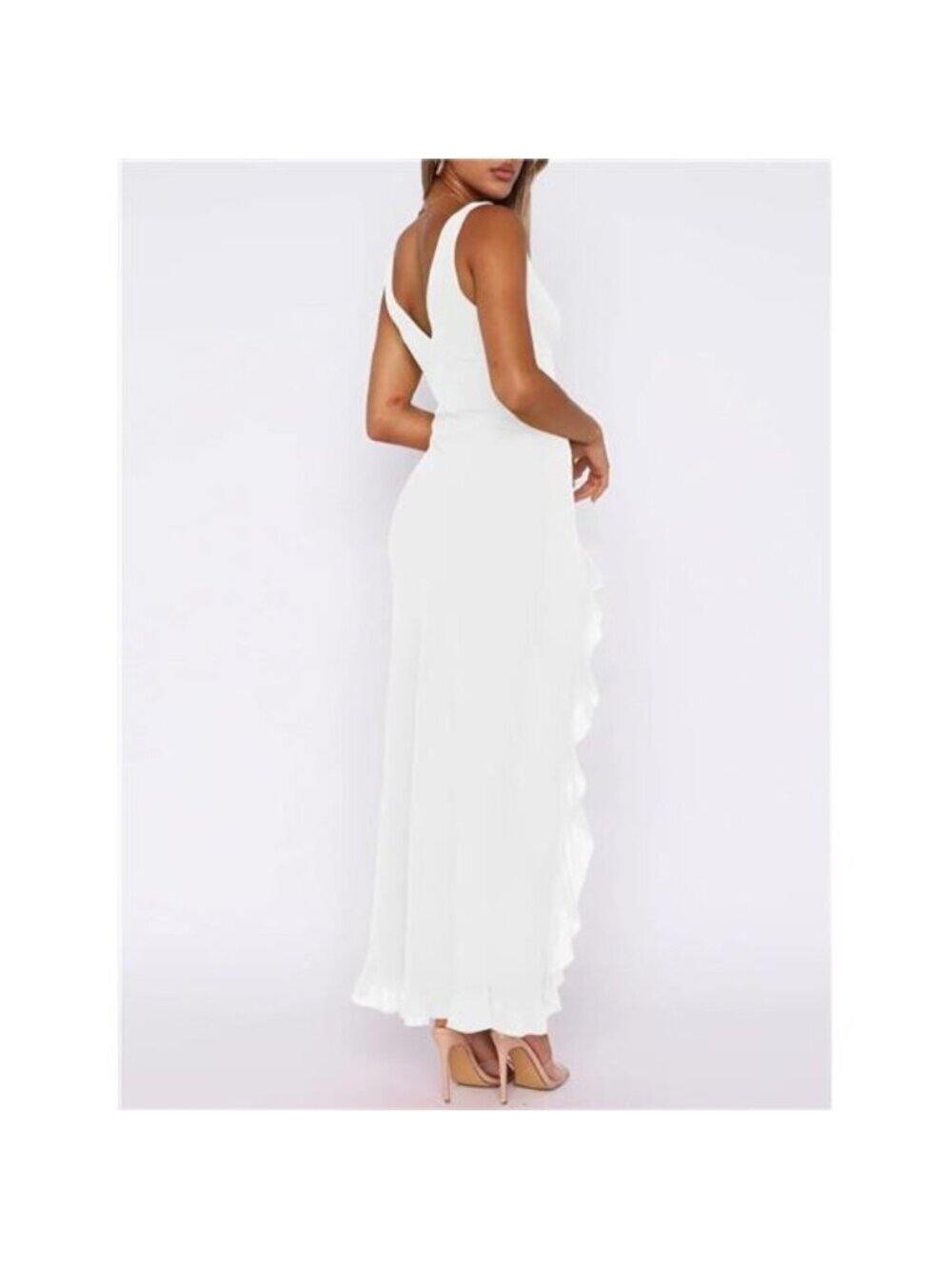 Women's Sexy VNeck Sleeveless Mesh Ruffle Hem Bodycon Maxi Casual Backless Dress - Picture 2 of 4